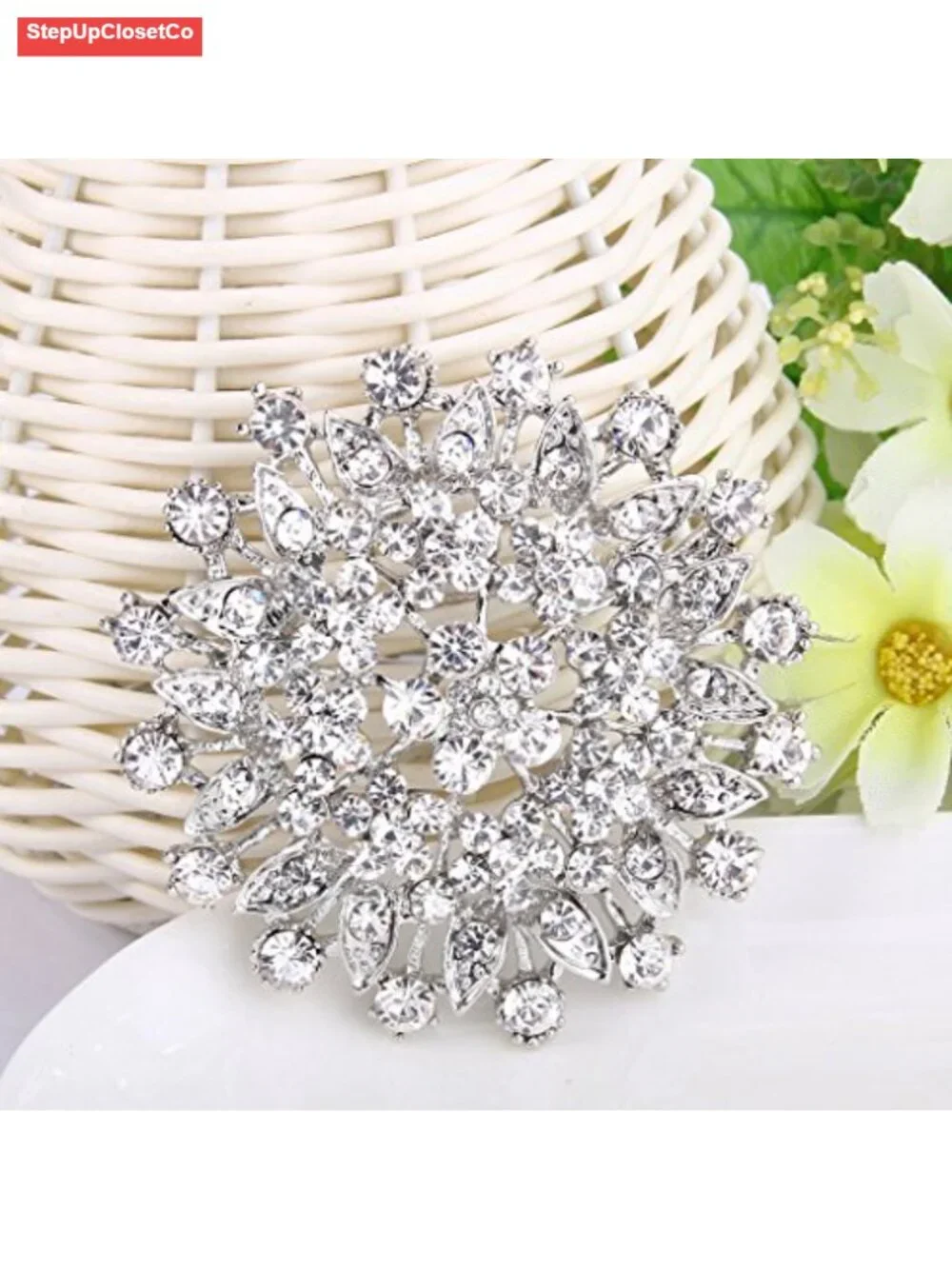 Flower Leaf Crystal Brooch Pin Bridal Corsage 2.5